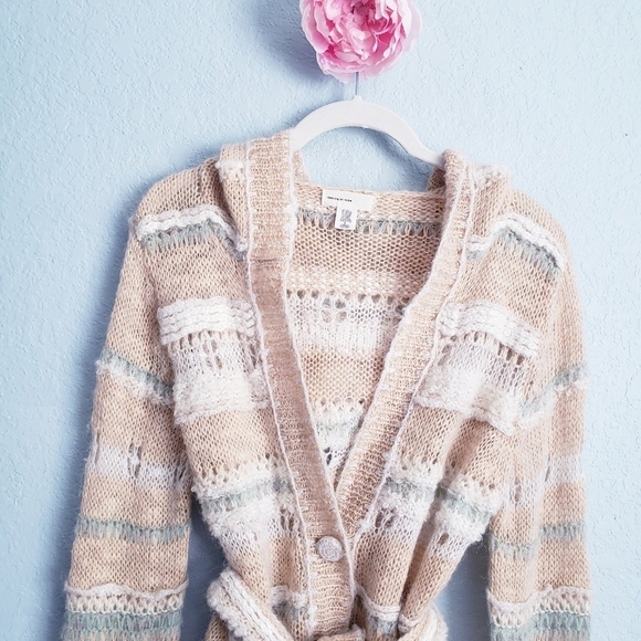 Sleeping On Snow Cream Striped Open Knit Button Down Belted Wool Blend Cardigan - Picture 3 of 7